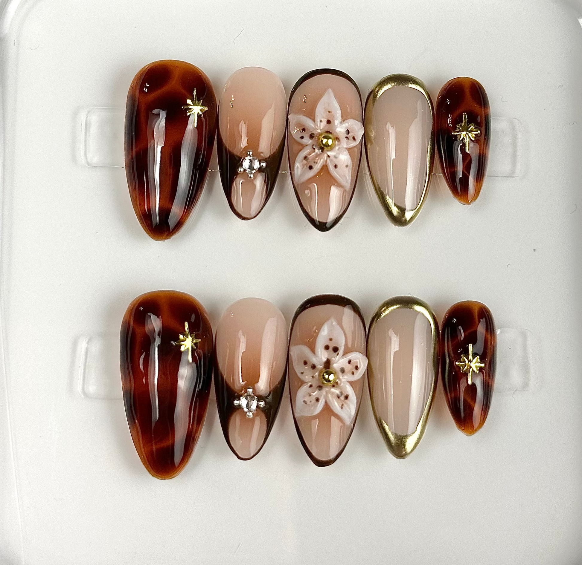 Set of decorative false nails with tortoiseshell and floral 
